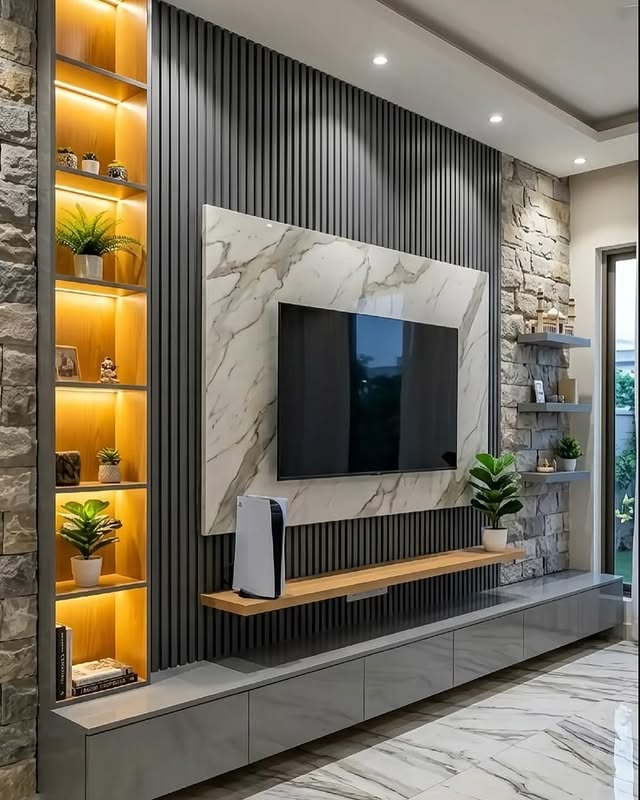 Decorea Home Modern Media Wall Design with Fluted Paneling