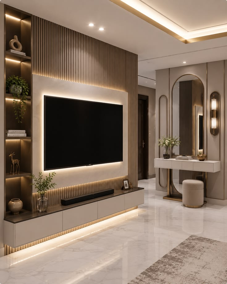 Decorea Home Modern Media Wall Design with Fluted Paneling
