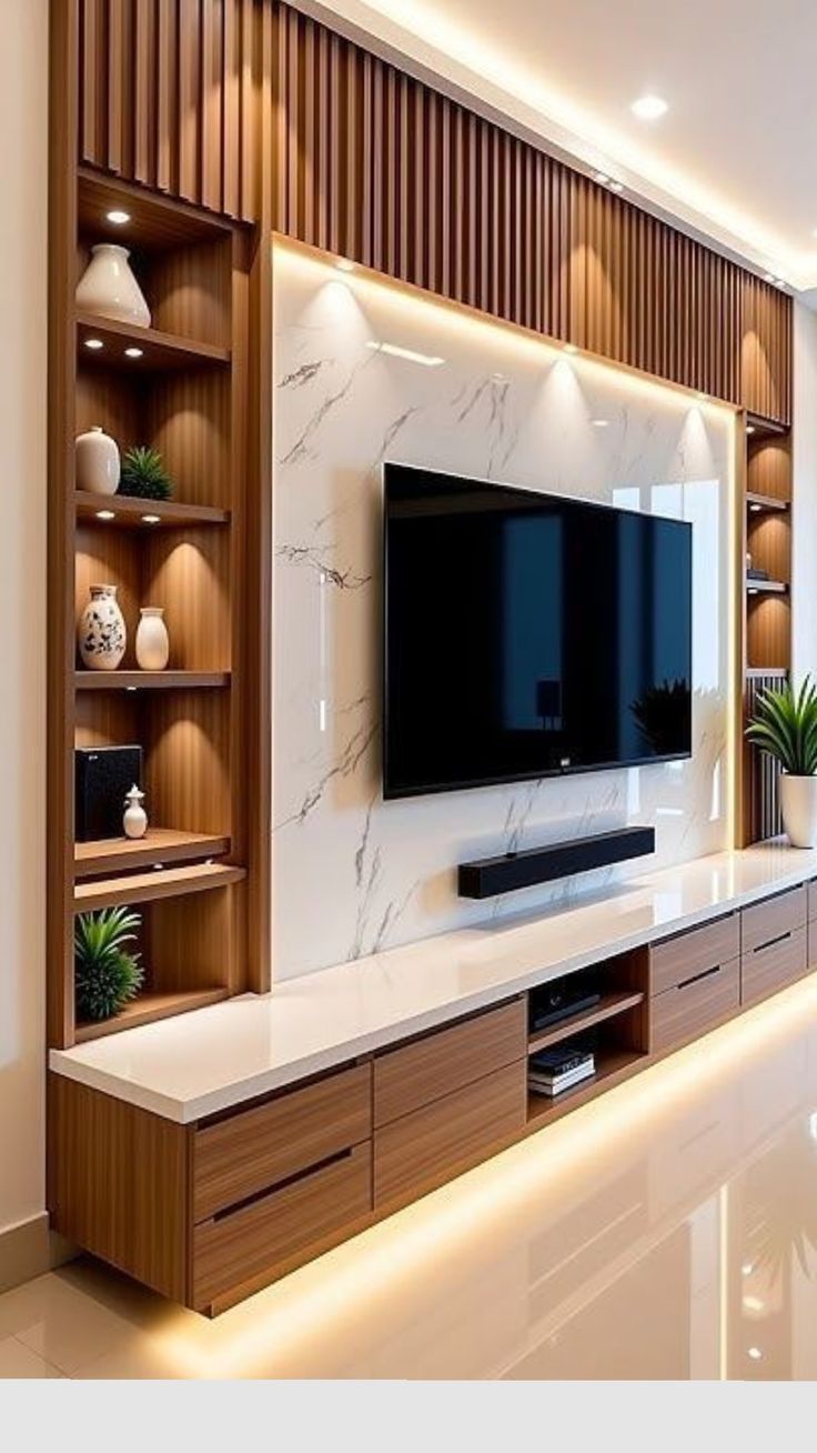 Decorea Home Modern Media Wall Design with Fluted Paneling