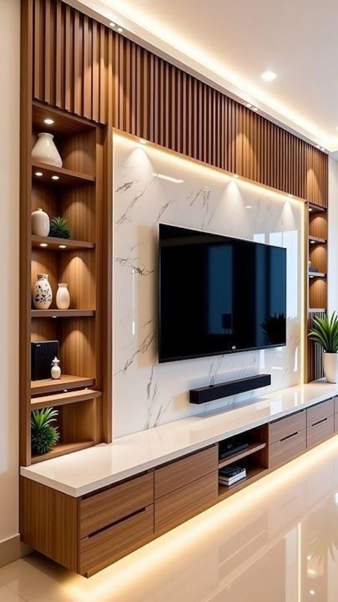 Decorea Home Modern Media Wall Design with Fluted Paneling